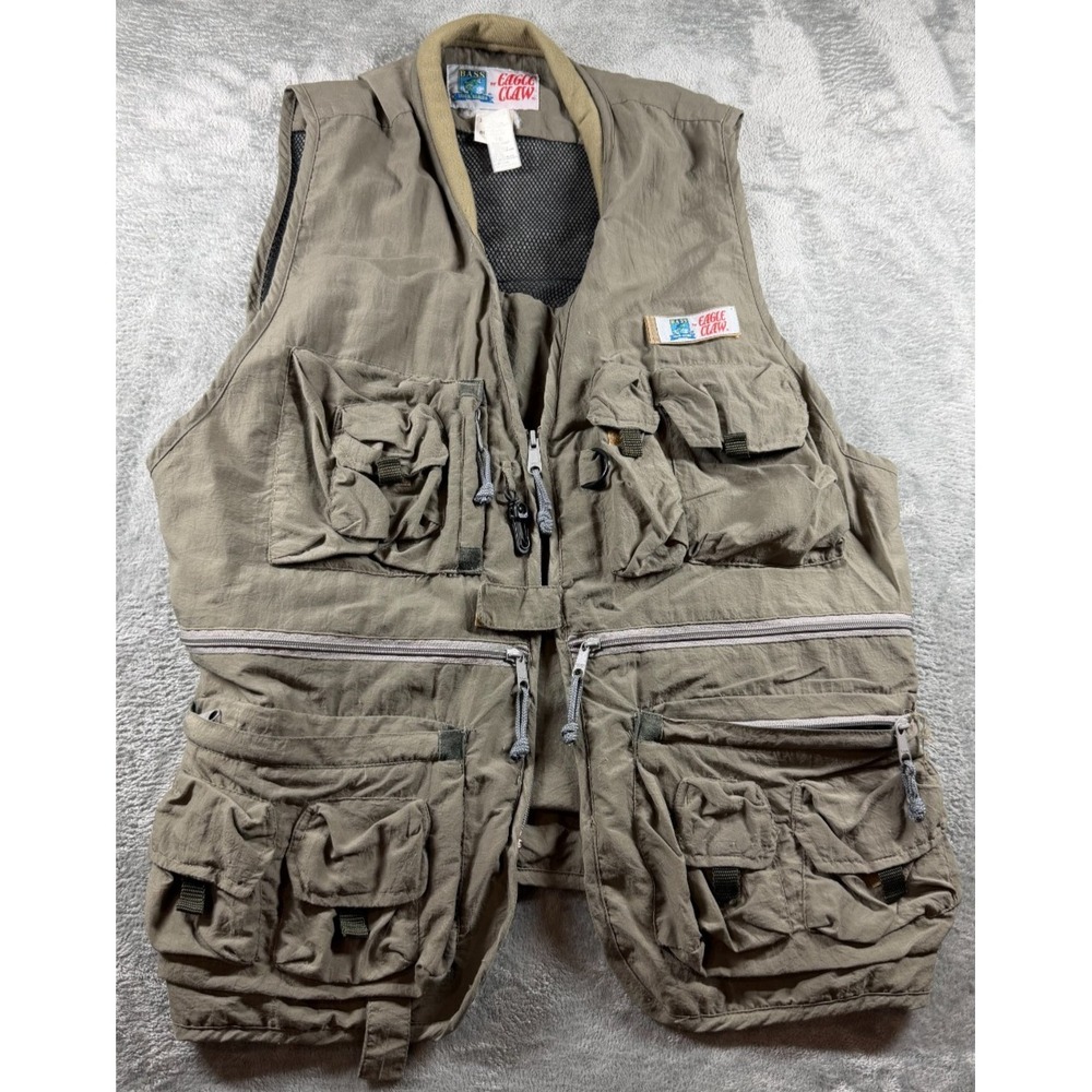 Vtg Bass Eagle Claw Fishing Vest Mens XL Khaki Multi Pocket Mesh Utility